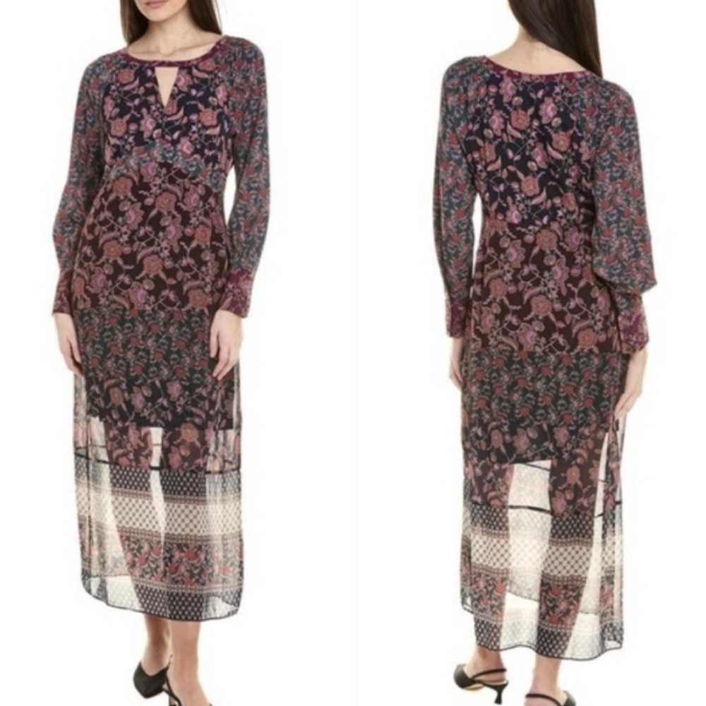 CAbi Burgundy and Pink Floral Long Sleeve Dress